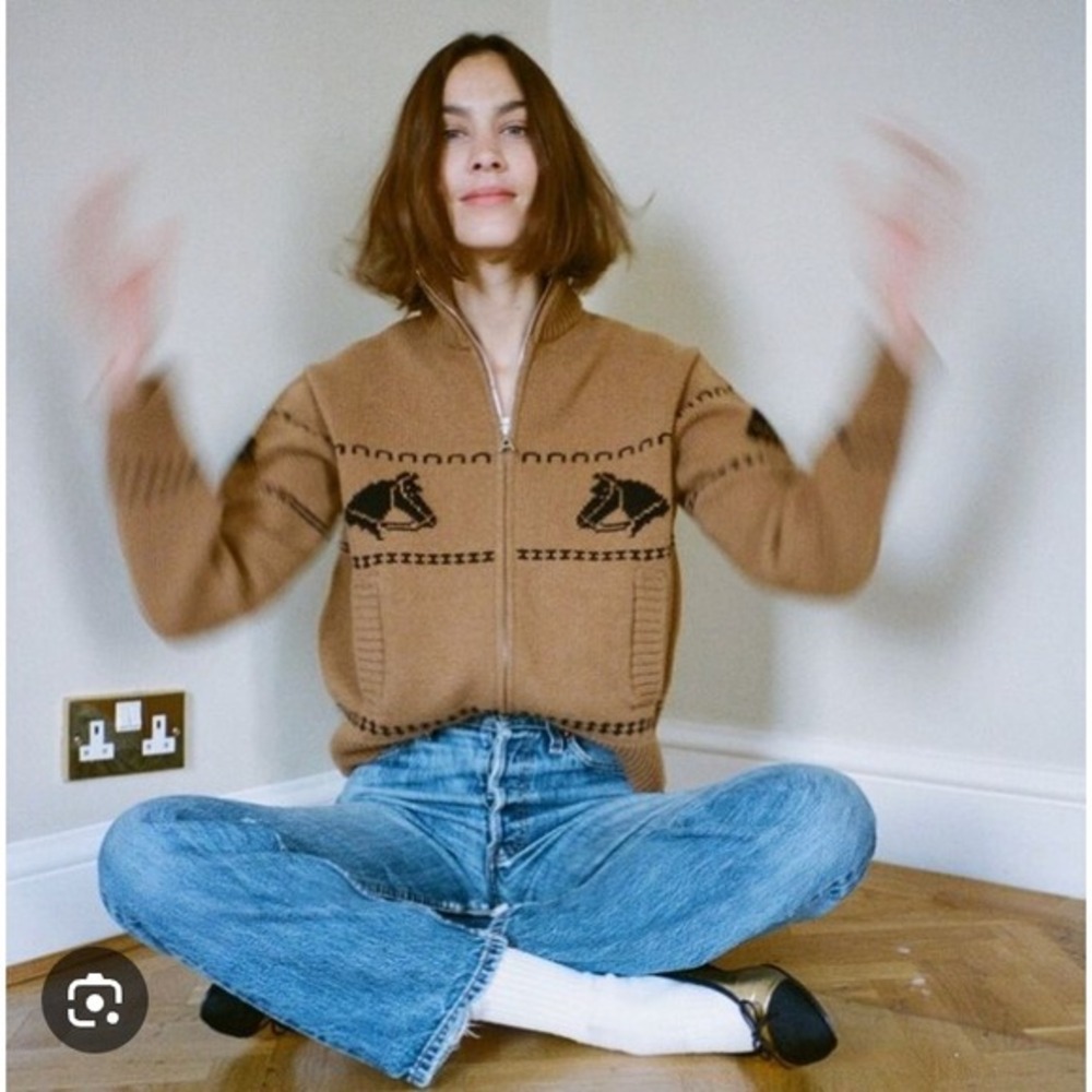 ALEXACHUNG Horse Intarsia Wool Zip Up Cardigan Sweater Camel Tan Womens‎ Large